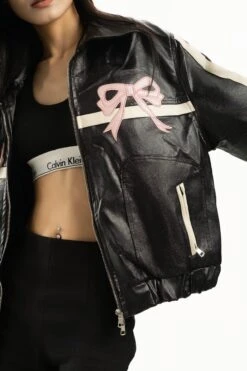 Faux Leather Jacket With Embroidered Ribbon Bow Detail -Modern Wear Shop YCY08617