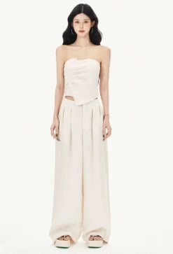 Draped Asymmetric Strapless Top And Wide Leg Pleated Pants Two-Piece Set