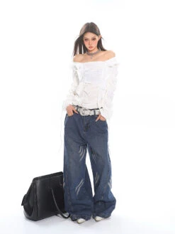 Ruffled Off-Shoulder Crinkle Texture Long Sleeve Top -Modern Wear Shop a0870f3cb1d2d182ae285f86a68f2c35