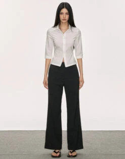 Skinny Button-Up Collared Shirt With Cropped Sleeves -Modern Wear Shop a0d7b58dc68f57bc85e64fbad03a8ebb