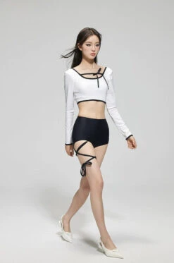 Contrast Hem Long Sleeve Crop Top And High-Waisted Bikini Set -Modern Wear Shop a1008e356ed9c09e37b86b72a43f0a6c