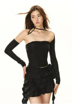 Off-Shoulder Ruffled Cutout Mini Dress With Sleeves