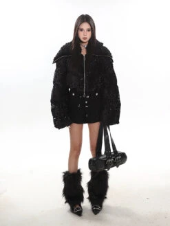 Sequin-Embellished Puffer Jacket With Shearling Trim -Modern Wear Shop a1336def12fa02da691eee856a8fdadf