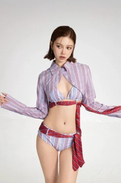 Striped Tie-Front Bikini Set With Long Sleeve Cover-Up -Modern Wear Shop a145b4b7c53ae23e5d3c04a766d2f728