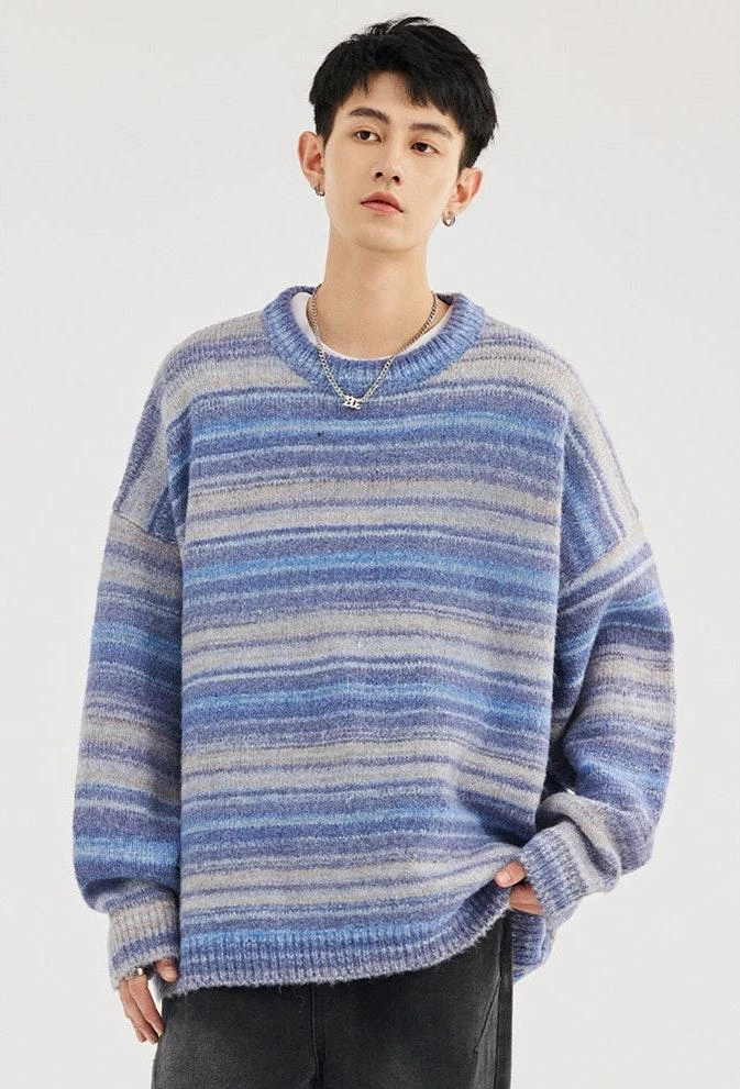 Striped Abstract-Effect Crew Neck Pullover Sweater 7 Striped Abstract-Effect Crew Neck Pullover Sweater - Image 7
