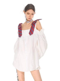 Necktie Strap Ruched Shoulder Stripe Button Top -Modern Wear Shop a2522f408dba8fad6f7d098dd0ef1f9b