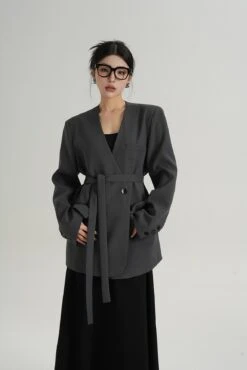 Oversized Boxy Double-Breasted Blazer With Skinny Neck Tie -Modern Wear Shop a300b41b27d4c77649649c0a009e5646