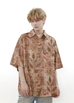 Checkered Leaf Print Oversized Short Sleeve Button Shirt -Modern Wear Shop a3199d52aca247892bf37a2a6d93b1c0