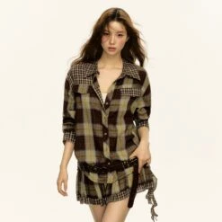 Checker Patchwork Plaid Long-Sleeve Button Shirt And Pleated Mini Skirt Two-Piece Set