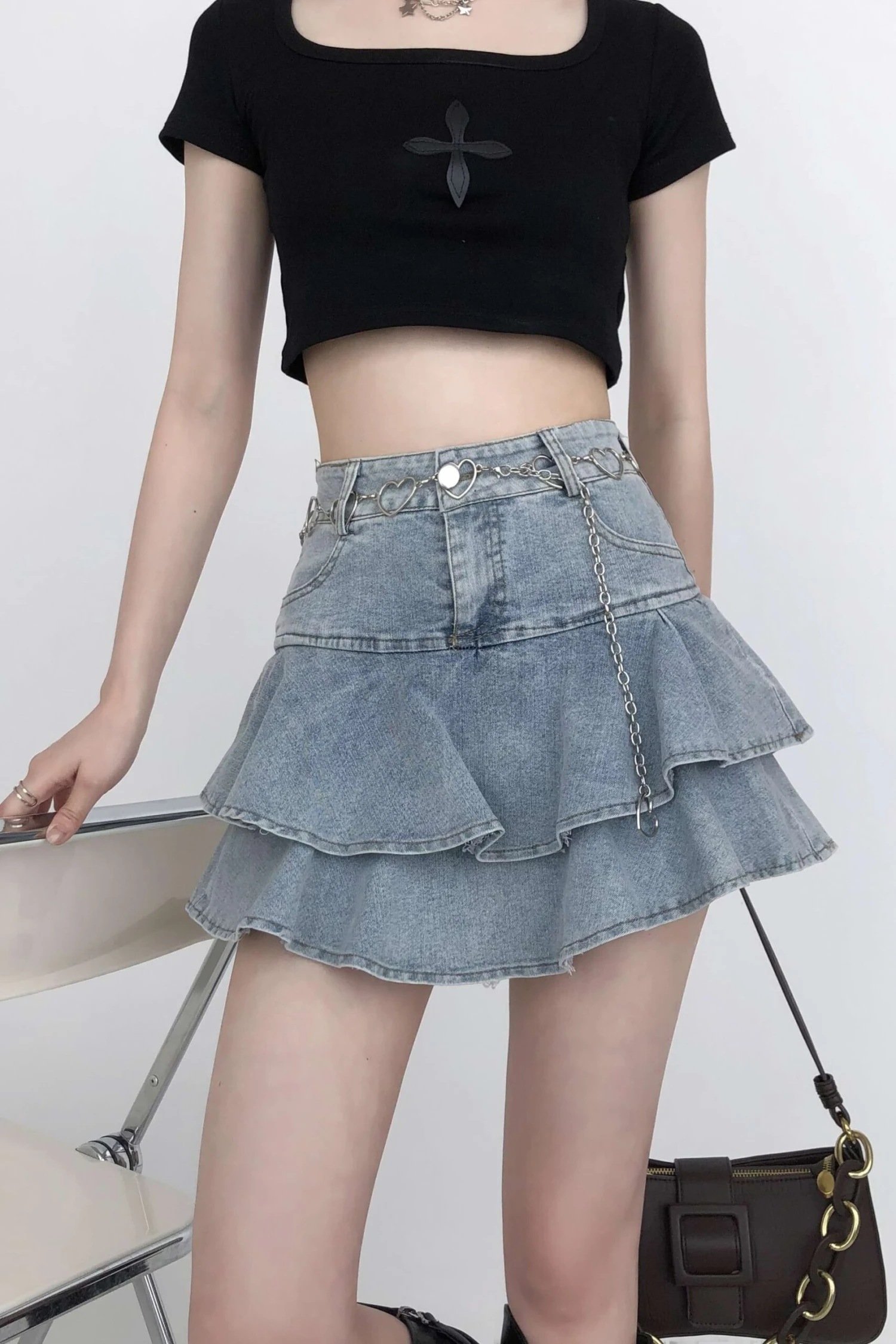 Tiered Pleated Denim Mini Skirt 2 Tiered Pleated Denim Mini Skirt - Image 2
