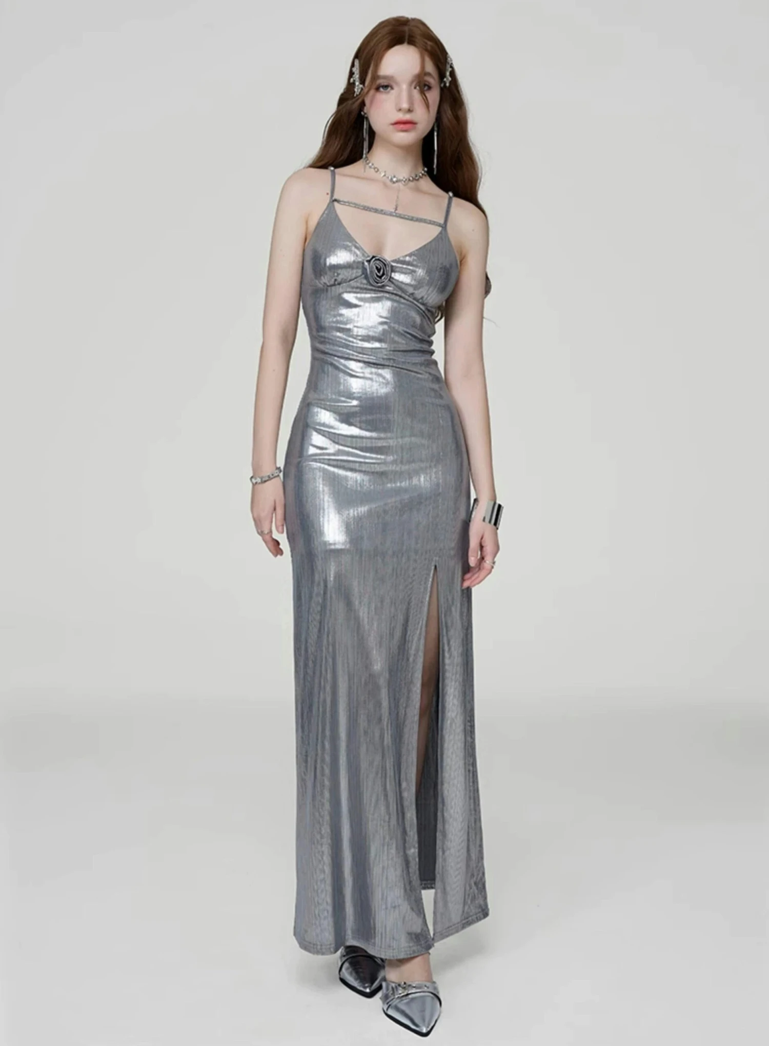 Metallic Sheen Slip Dress With Thigh-High Split 12 Metallic Sheen Slip Dress With Thigh-High Split - Image 12