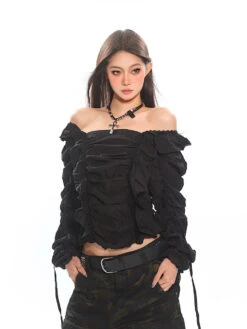 Ruffled Off-Shoulder Crinkle Texture Long Sleeve Top -Modern Wear Shop a43d1581d802cf23c64282215e069f48