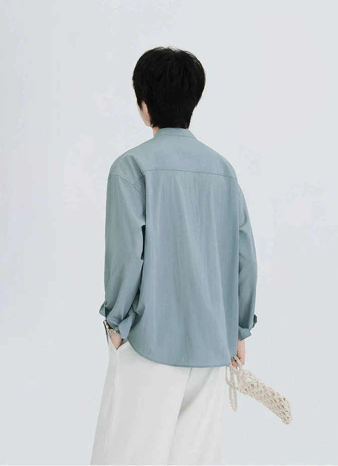 Oversized Long Sleeve Band Collar Button-Up Shirt 3 Oversized Long Sleeve Band Collar Button-Up Shirt - Image 3