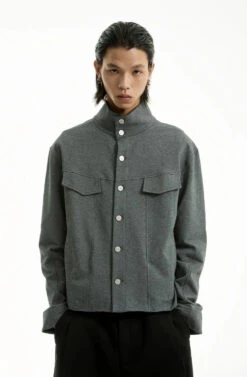 High Collar Terry Button Jacket With Chest Pockets