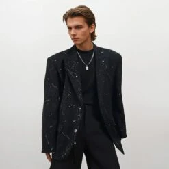 Oversized Paint Splatter Single Breasted Blazer With Wide Lapels