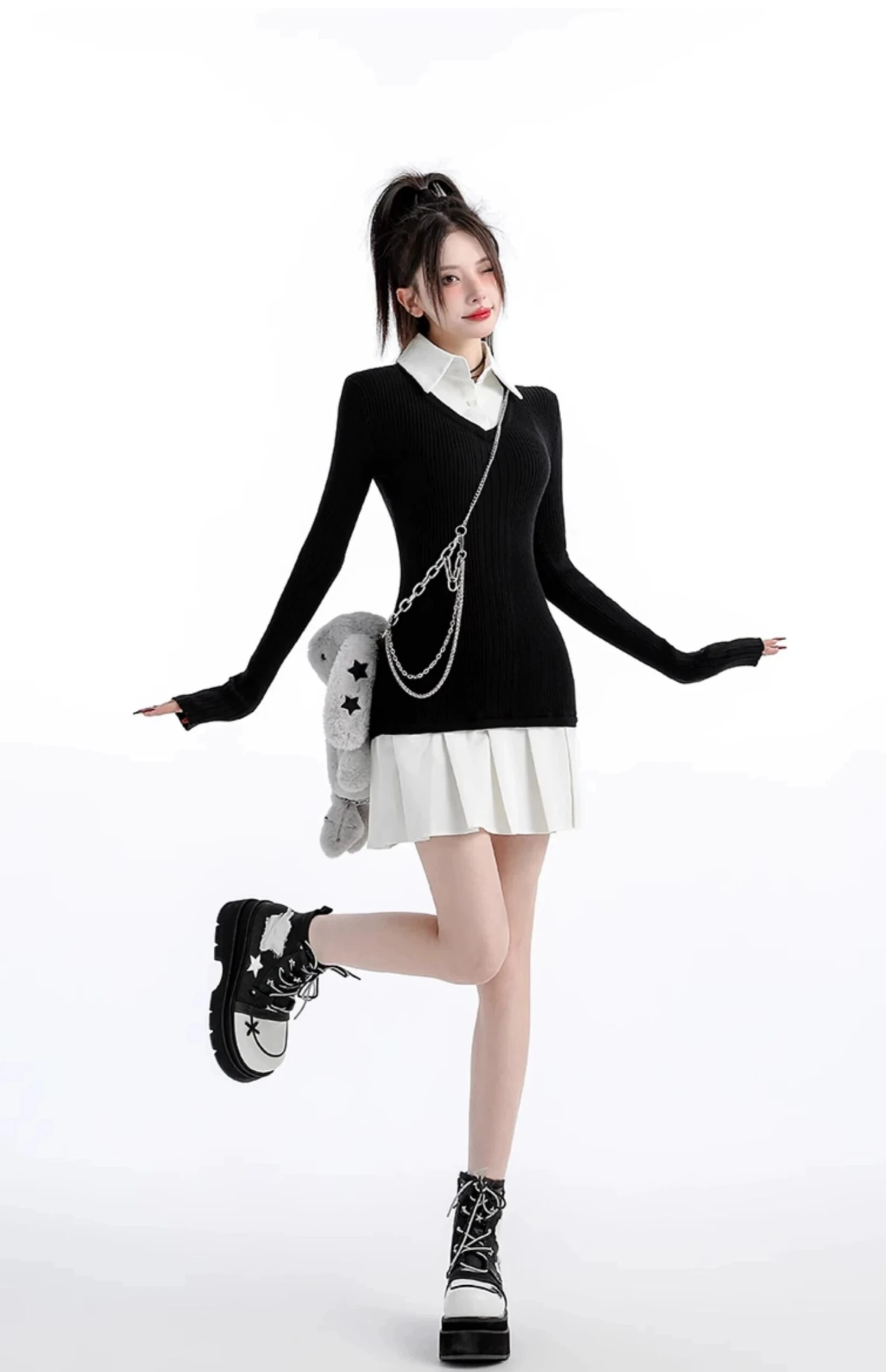 Mock Layered Pleated Hem Long Sleeve Dress 9 Mock Layered Pleated Hem Long Sleeve Dress - Image 9