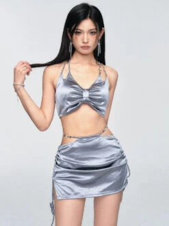 Satin-Finish Halter Neck Bikini Top And Sarong Set