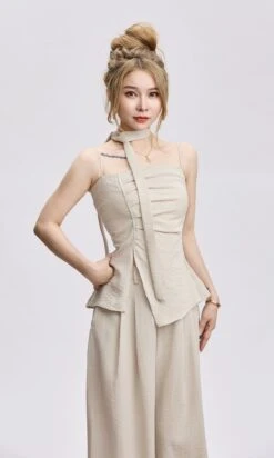 Adjustable Strap Ruched Top With Side Slit And Wide Leg Pleated Pants Two-Piece Set -Modern Wear Shop a6c794d9d9a32f855c64bcca8b8bf377