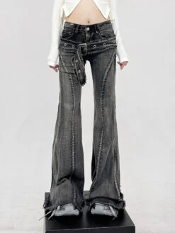 Layered-Effect Denim Flare-Leg Jeans With Grommet Belt Detail -Modern Wear Shop a6dd963a8533e1381c076205b35f9263