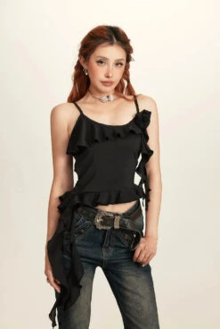 Spaghetti Strap Ruffle Trim Top With Floral Accent -Modern Wear Shop a6e39e4b275d30999bd9e1b5704a1aee