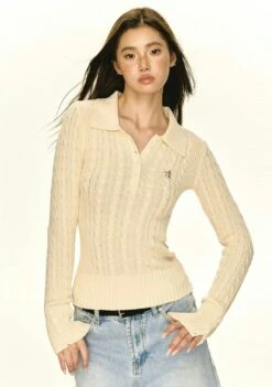 Half-Button Cable Knit Collared Pullover -Modern Wear Shop a7321dbb254641fbd1be60fcd18a38ae