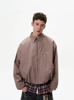 Collared Elastic-Waist Oversized Zip-Up Jacket With Pockets