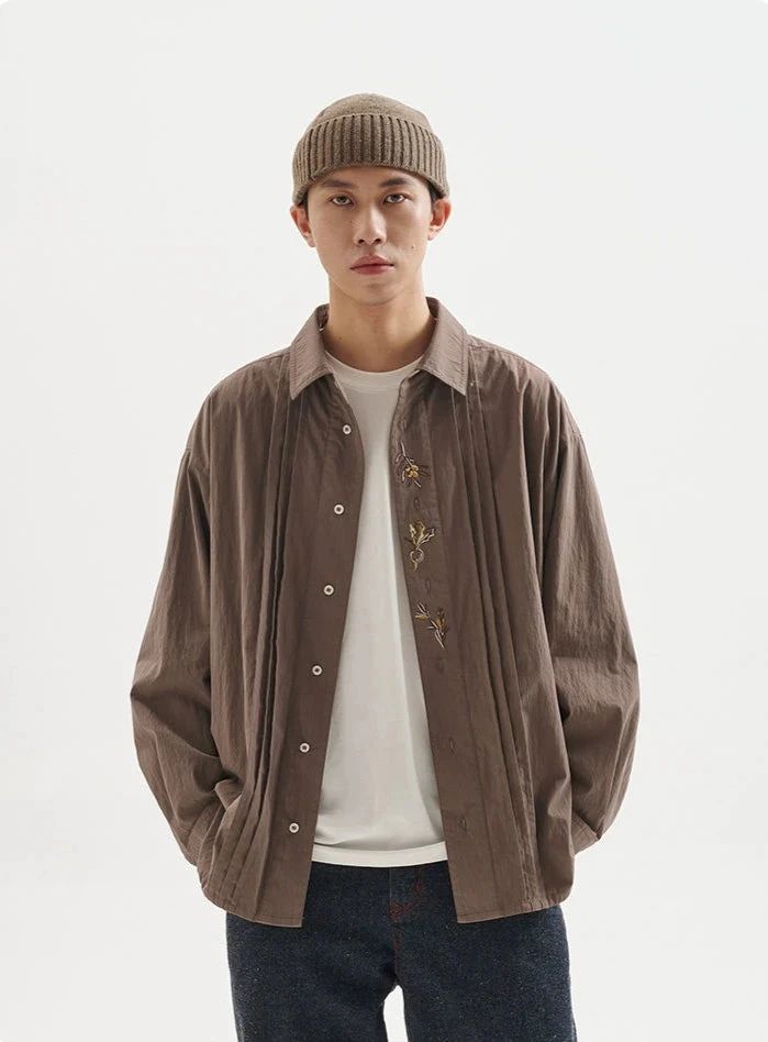 Pleated Button Down Long Sleeve Shirt With Embroidery Detail 2 Pleated Button Down Long Sleeve Shirt With Embroidery Detail - Image 2