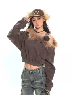 Faux Fur Trim Off-Shoulder Long Sleeve Top With Single Strap -Modern Wear Shop a7714e04ee1dc97ae1142cc9702807c6