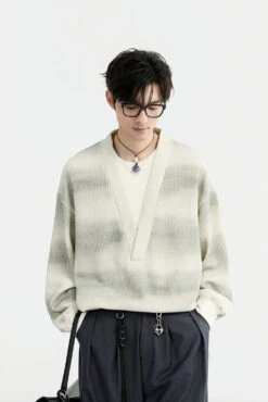 Mock Layered Gradient Ribbed V-Neck Knit Sweater