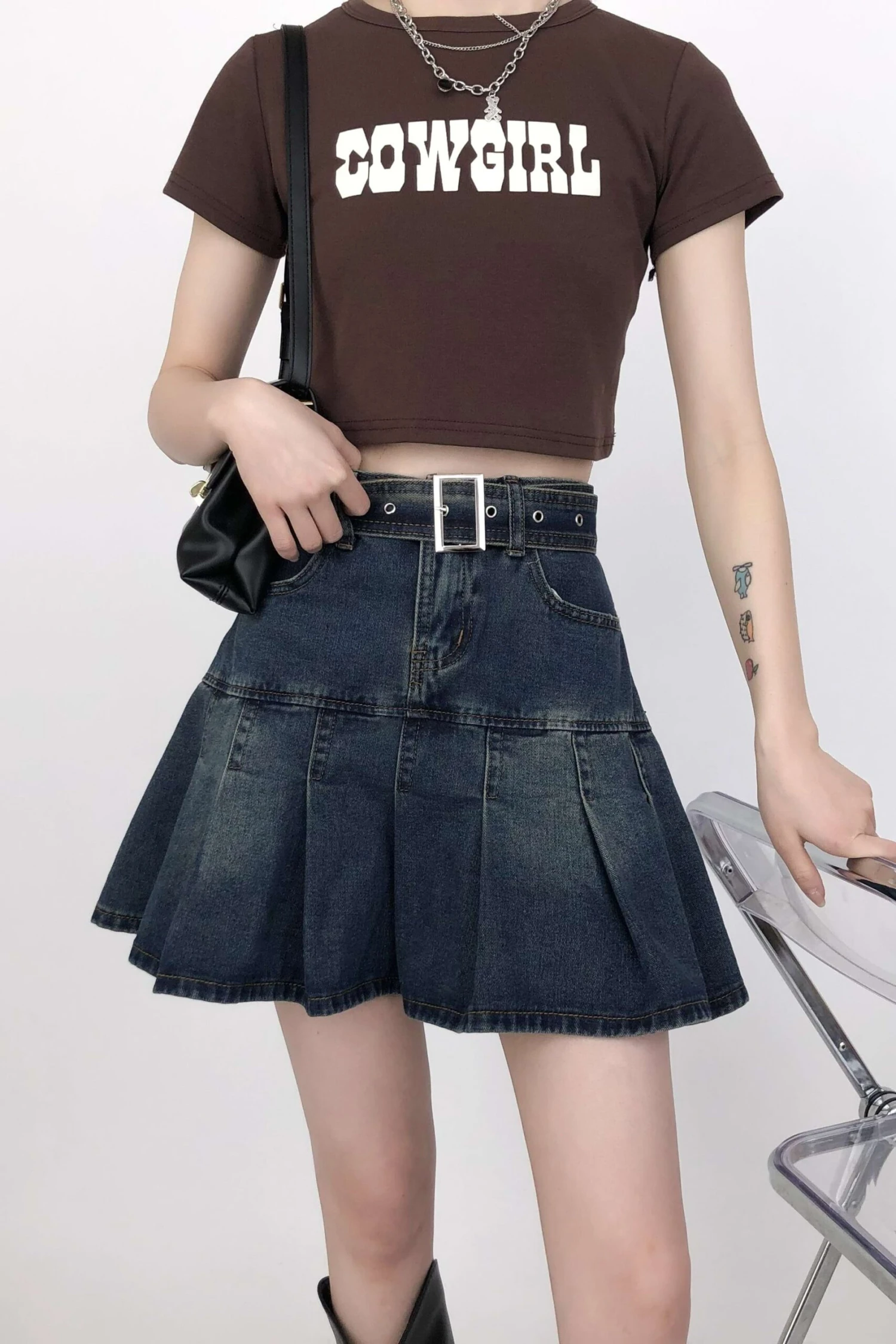 Tier Pleated Mini Denim Skirt With Belt 5 Tier Pleated Mini Denim Skirt With Belt - Image 5