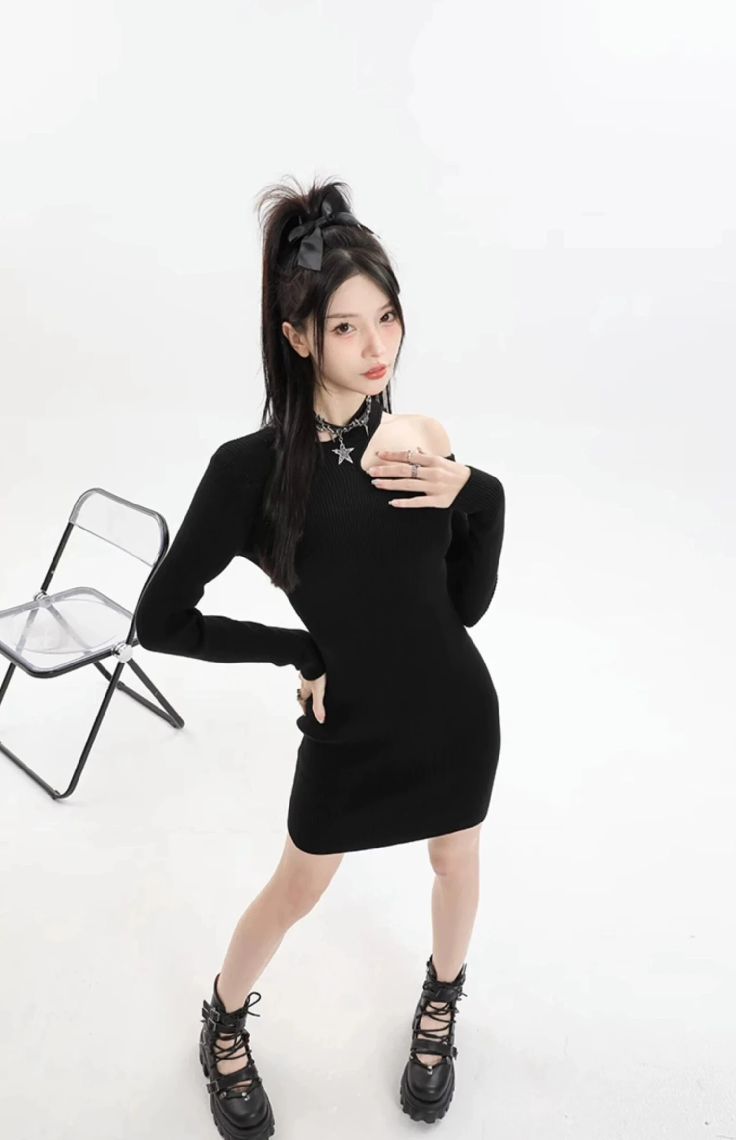 Asymmetric Collar Long Sleeve Bodycon Mini Dress 4 Asymmetric Collar Long Sleeve Bodycon Mini Dress - Image 4