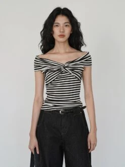 Off Shoulder Twist Front Stripe Top