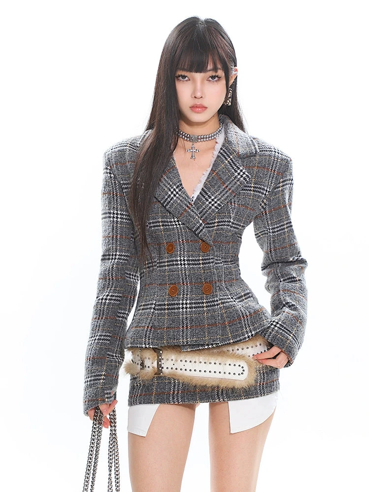 Double-Breasted Plaid Blazer And Micro Mini Skirt Two Piece Set 2 Double-Breasted Plaid Blazer And Micro Mini Skirt Two Piece Set - Image 2