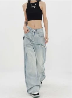 Mock Two-Piece Faded Distressed Jeans -Modern Wear Shop a8a7374edc01ccdd98252e4e72596794