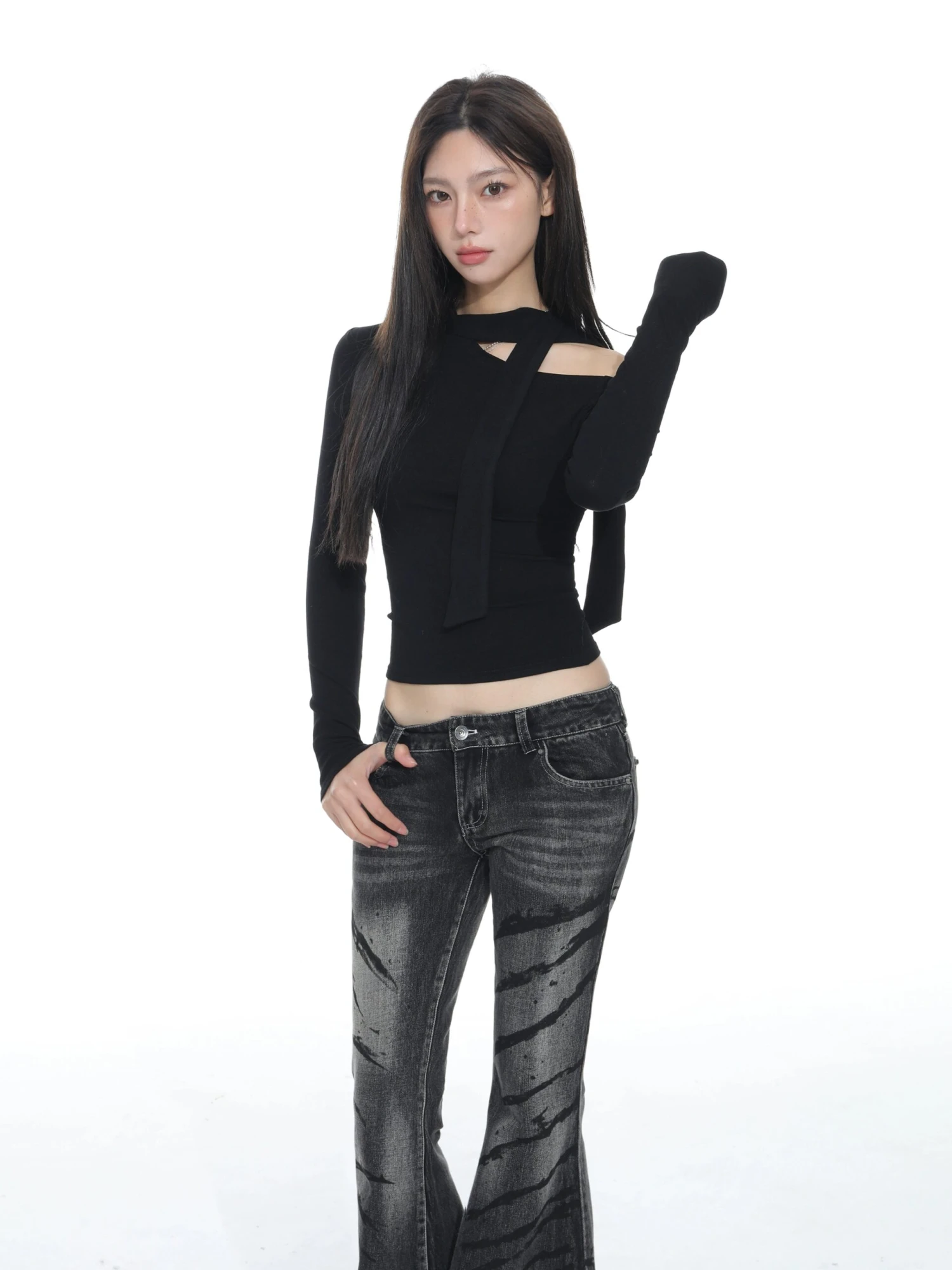 Asymmetric Cutout Cold Shoulder Long Sleeve Top 2 Asymmetric Cutout Cold Shoulder Long Sleeve Top - Image 2