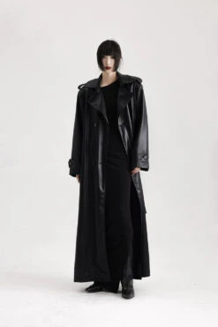 Longline Faux Leather Double Breasted Trench Coat -Modern Wear Shop a908cc360f8d6bd8299db5092be57ac2