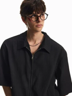 Ribbed Zip-Up Short Sleeve Shirt With Spread Collar -Modern Wear Shop a9a388d1d4b2b0a760b000915c353d90