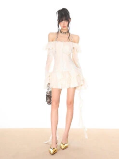 Off-Shoulder Tiered Ruffle Mesh Long Sleeve Mini Dress -Modern Wear Shop aa1ebf8e98d4bd2cea213daaeabe79bc