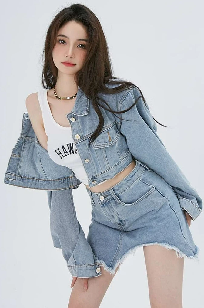 Cropped Denim Jacket And Distressed Hem Mini Skirt Two-Piece Set 6 Cropped Denim Jacket And Distressed Hem Mini Skirt Two-Piece Set - Image 6