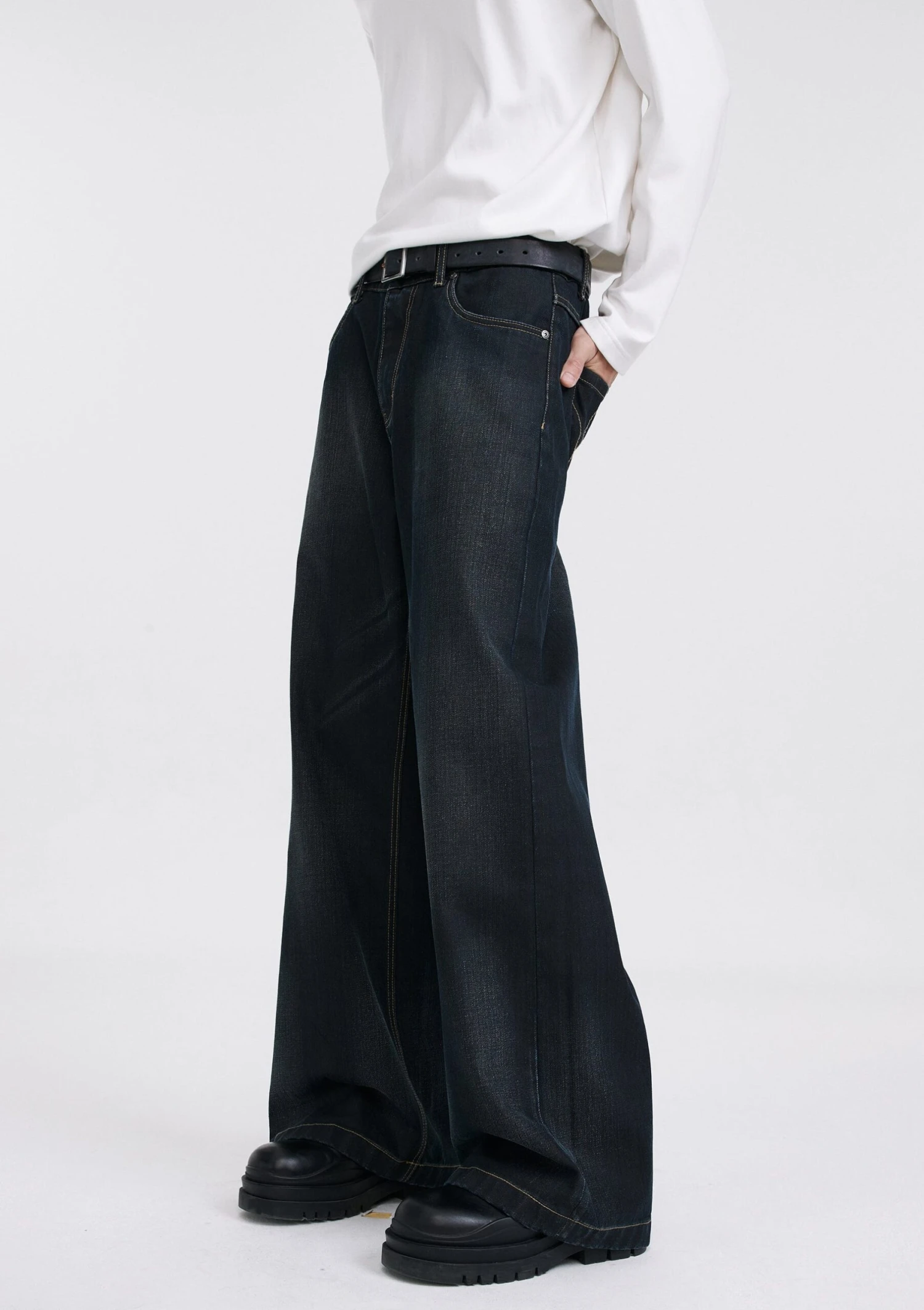 Wide Leg Dark Wash Wax Jeans With Contrast Stitching 2 Wide Leg Dark Wash Wax Jeans With Contrast Stitching - Image 2