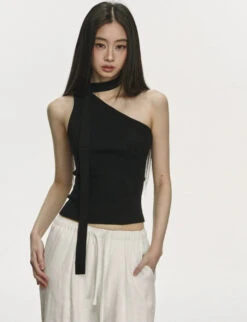 Ribbed One Shoulder Knit Top With Scarf Detail -Modern Wear Shop aa38433feffc4ffbd269d1adaddce776