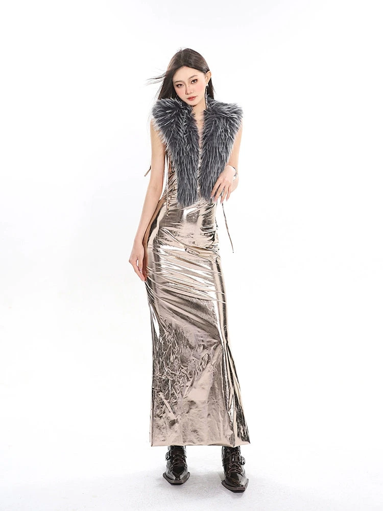 Metallic Sheen Draped Halter Maxi Dress 13 Metallic Sheen Draped Halter Maxi Dress - Image 13