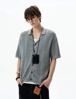 Textured Cable Knit Button-Up Shirt With Spread Collar -Modern Wear Shop ab19b9e0eaf4db67464fafce139782bb