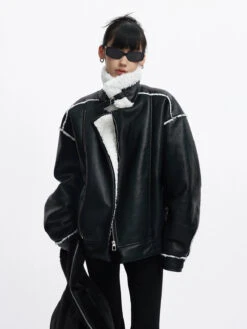 Oversized Faux Leather Jacket With Sherpa Lining And Trim -Modern Wear Shop ab276533799ac5c12fdcbf8d74786a37