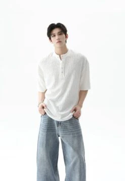 Textured Ribbed Henley Half Sleeve Top