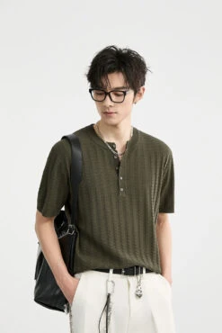 Textured Knit Ribbed Trim Half Button Short Sleeve Shirt -Modern Wear Shop ab46410646ffb7683efd1e678c68bcdb