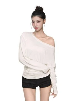Asymmetric Off Shoulder Ruched Long Sleeve Top -Modern Wear Shop ab85bba4f2de4c096b20fbbd98397950