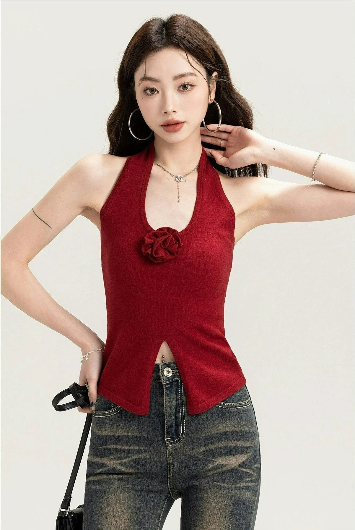 Sleeveless Halter Top With Front Rose Detail 6 Sleeveless Halter Top With Front Rose Detail - Image 6