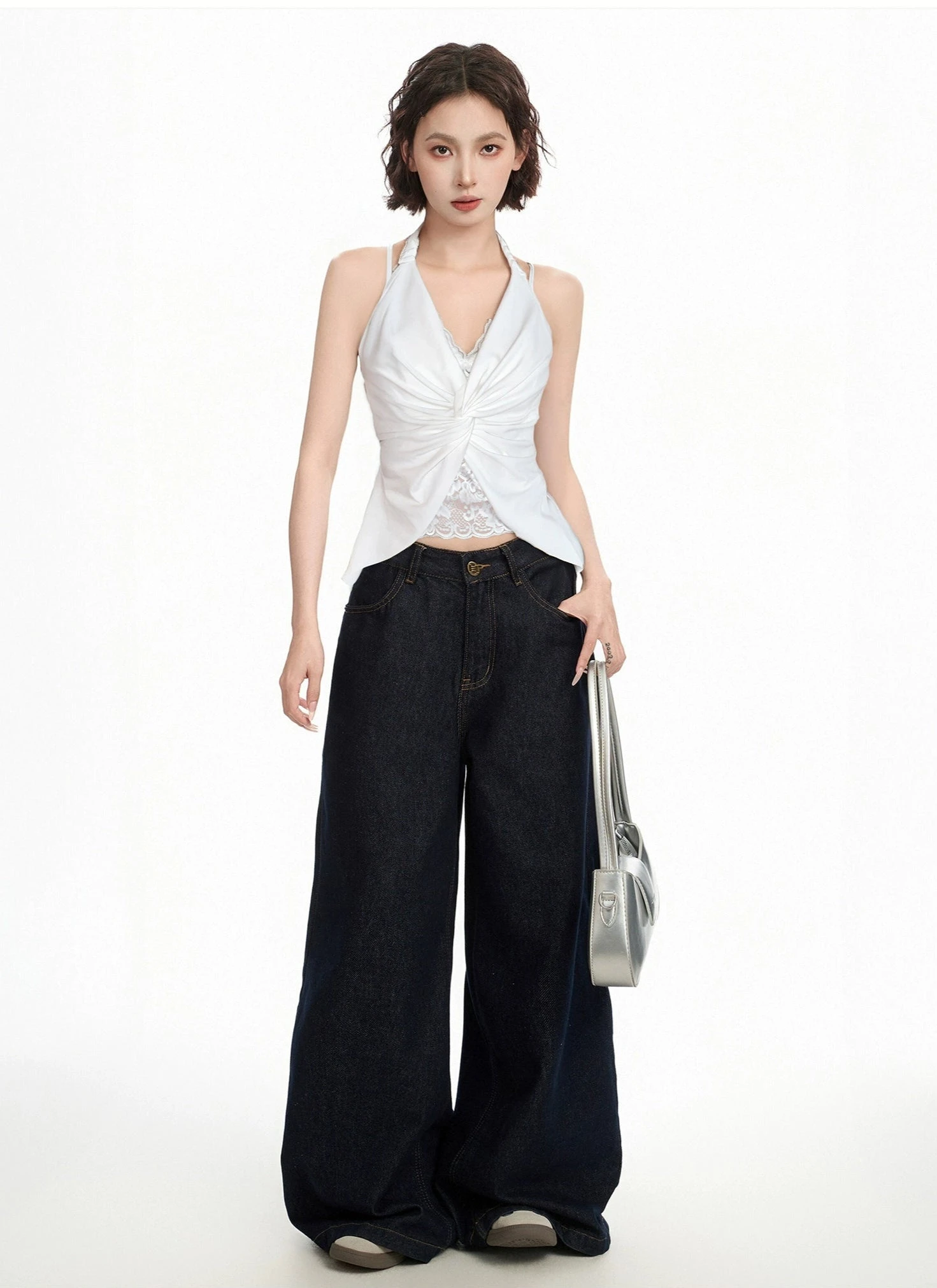 Ruched Halter Top With Lace Layer And Twist Front 4 Ruched Halter Top With Lace Layer And Twist Front - Image 4