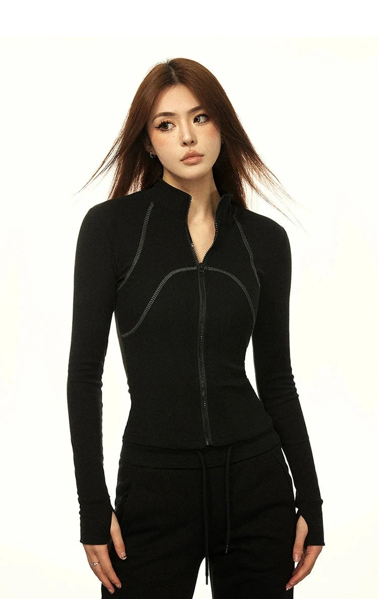 Skinny Mock Collar Contrast Stitch Zip Running Jacket 3 Skinny Mock Collar Contrast Stitch Zip Running Jacket - Image 3